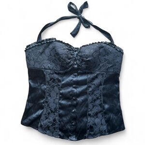 bebe Silk Y2K Black Satin Lace Bustier Corset Cami Halter Top L